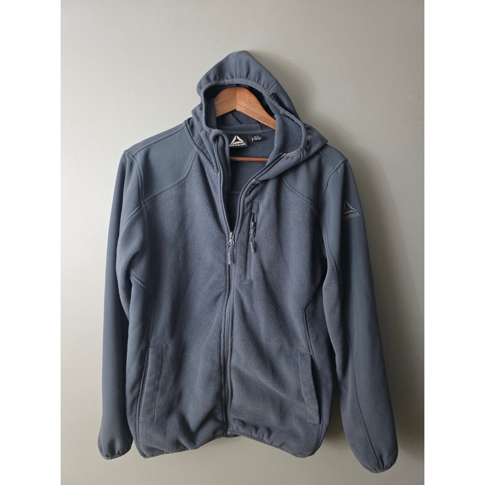 Reebok Mens Gray Full Zip Fleece Hoodie Softshell Overlay Jacket Medium RN 74299